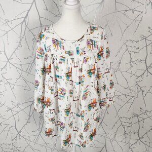 Mandee Colorful Whimsical City Scenes Printed Round Neck Top